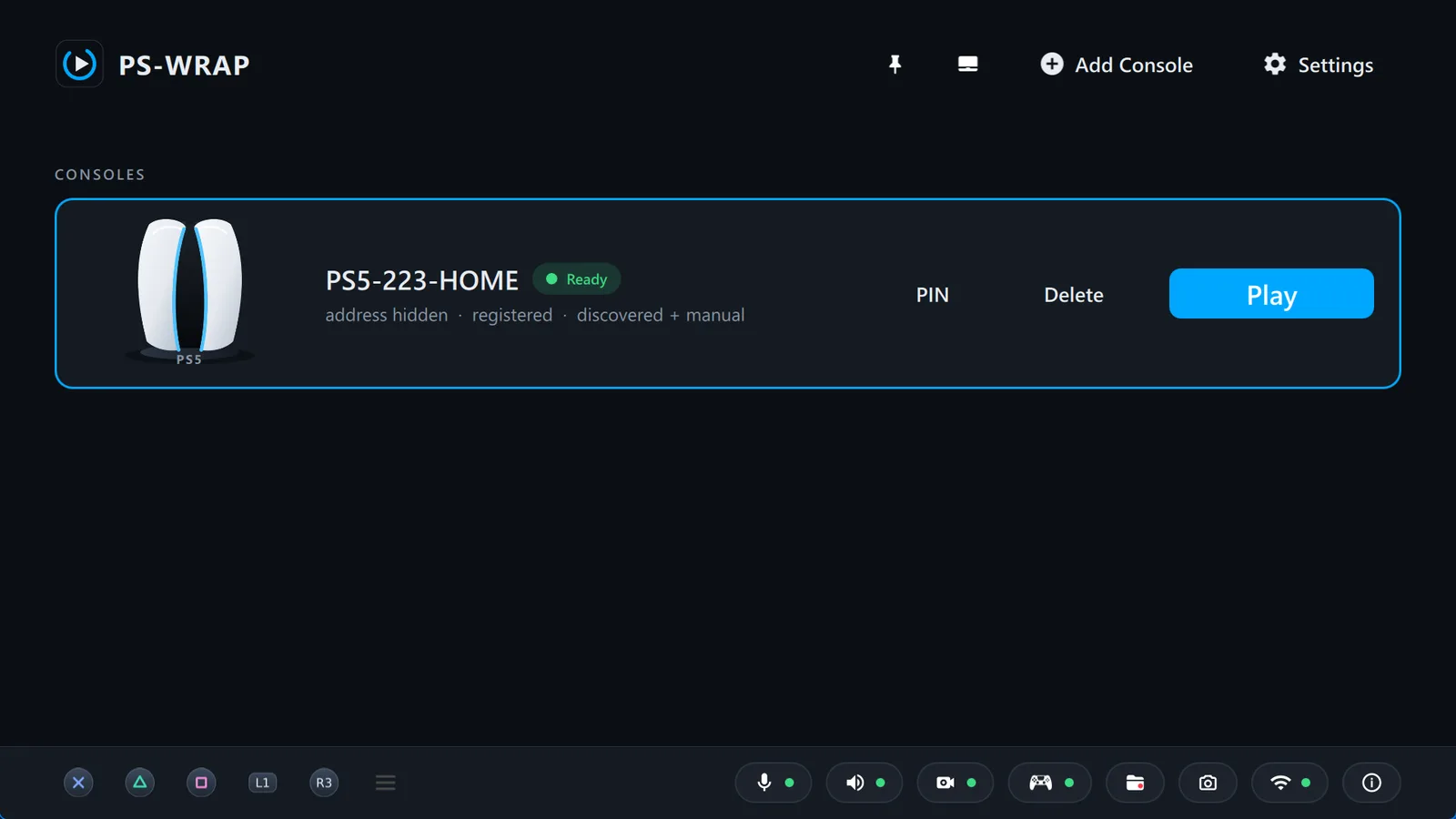 The PS-WRAP home screen with a PS5 console card