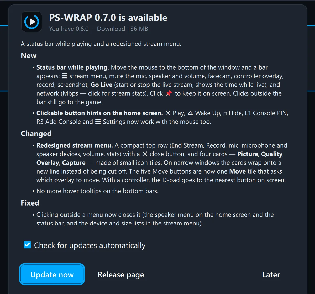 Updates inside the app